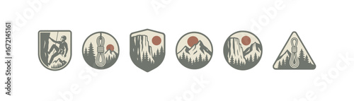 Adventure emblems: climbing and mountain exploration badges with nature icons