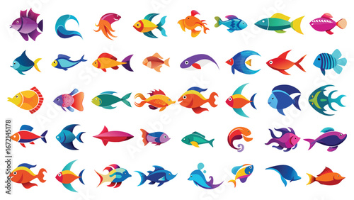 Diverse collection of colorful cartoon fish and sea creatures with gradient fills ocean animal