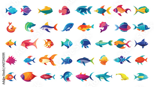 Diverse collection of colorful cartoon fish with smooth gradient fills and playful designs illustration