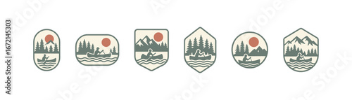 Vintage canoe and mountain badges featuring nature scenes and adventure elements