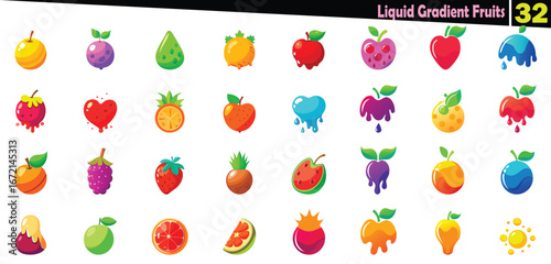 Diverse collection of colorful liquid gradient fruit icons with dripping effects vector