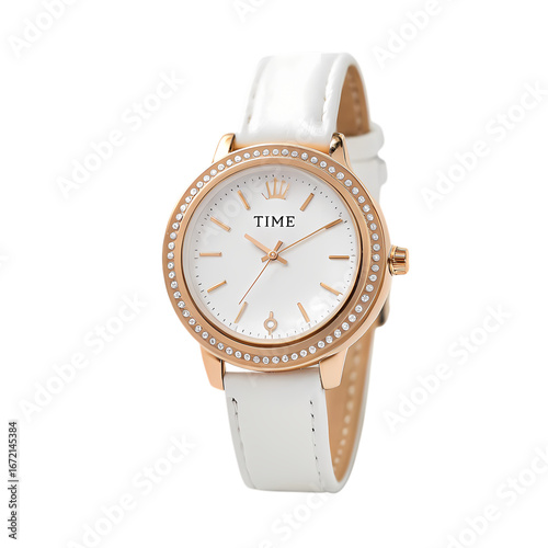 Elegant White Leather Watch with Rose Gold Accents and Crystal Bezel Womens Fashion Accessory Wristwatch Detail Luxury Timepiece on transparent background
