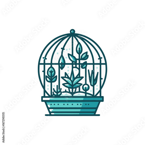 A beautifully designed glass terrarium showcasing various lush green plants in a serene setting