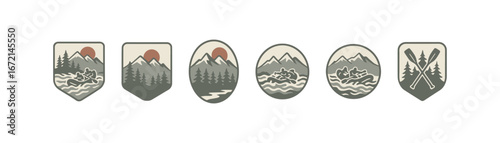 Outdoor adventure badges featuring mountains, rivers, and canoeing scenes