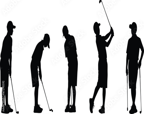 Golf swing silhouette set, player action poses, sports vector icons, black illustration, athletic movement, golfing technique, clean design, minimal style