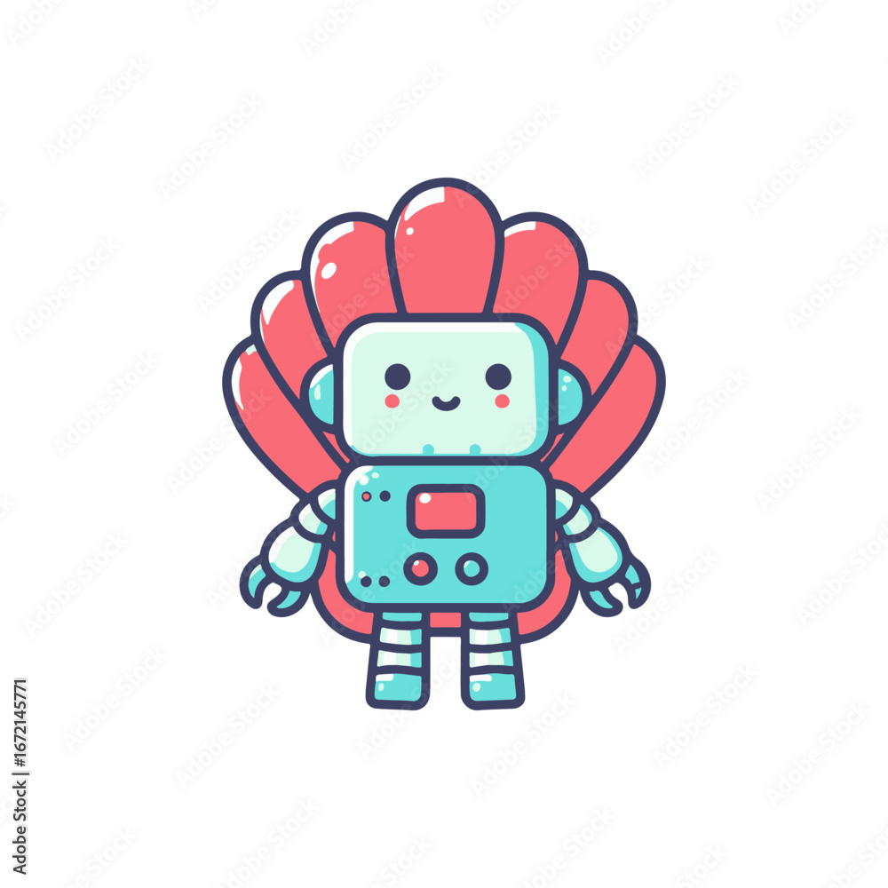 Obraz premium A cheerful robot character with a colorful shell background, designed for children's media use