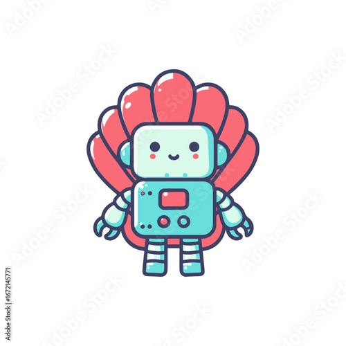 A cheerful robot character with a colorful shell background, designed for children's media use