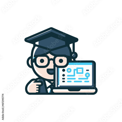 A cheerful student in graduation attire presenting a laptop with educational content