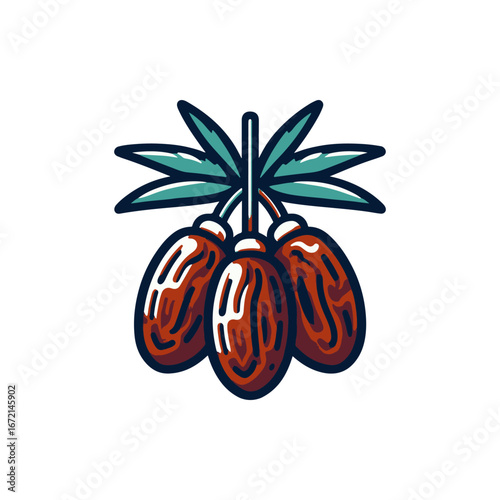 A cluster of ripe dates hanging from a palm branch, set against a clean white background