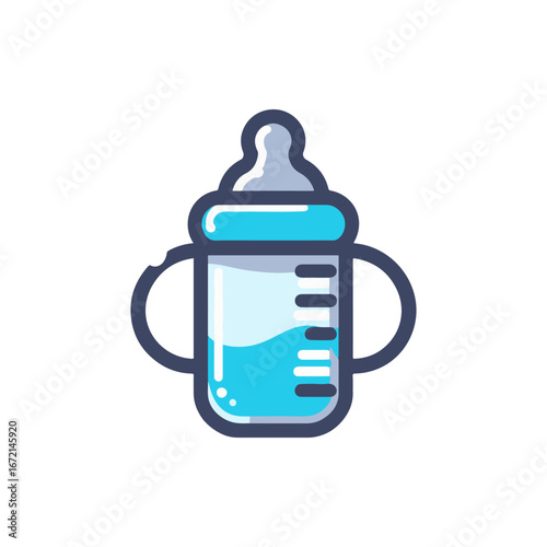 A colorful baby sippy cup filled with liquid, set against a plain white background, ideal for parenting content