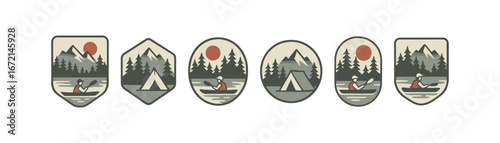 Vintage outdoor adventure badges with camping and kayaking