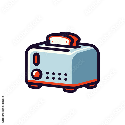 A colorful cartoon toaster with a slice of bread popping up, set against a minimalist background
