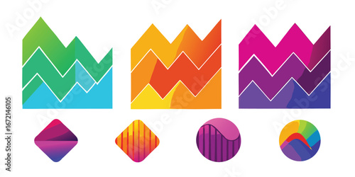 Green orange pink purple gradient line charts and abstract shapes graph financial