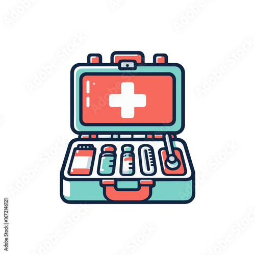 A colorful first aid kit opened, displaying medical supplies like bandages, a thermometer, and ointments, set against a white background