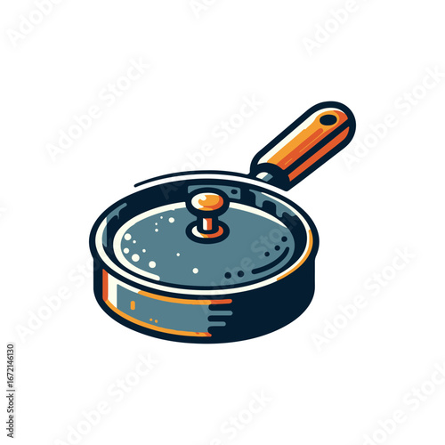 A colorful frying pan with a wooden handle, showcasing a vibrant kitchen setting