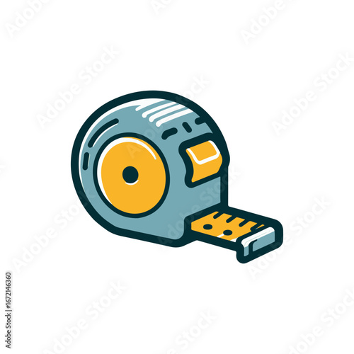 A colorful illustration of a tape measure showcasing its features against a plain background