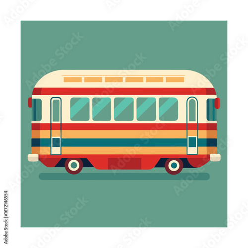 Classic bus with side doors and colorful horizontal bands