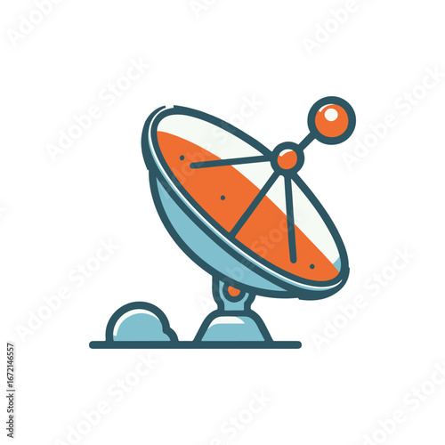 A colorful satellite dish stands prominently, capturing signals against a clear sky backdrop
