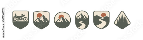 Vintage adventure badges with mountains, sun, forest, and motorcycle