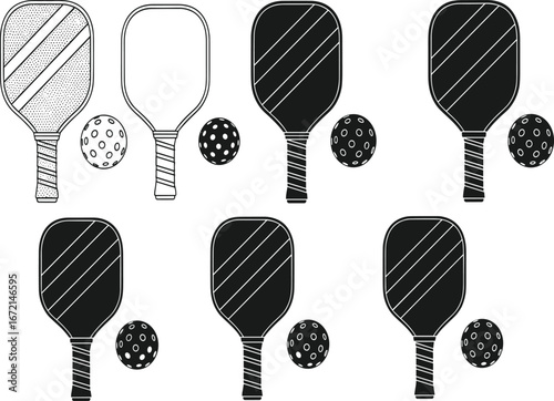 Pickleball paddle and ball silhouette set, sports equipment vector, recreational game icons, black graphic pack, fitness gear illustration