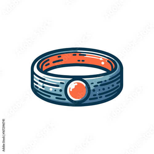 A colorful, stylized ring featuring a central gem, set against a simple white background