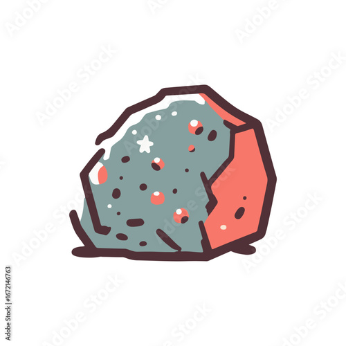 A colorful, stylized rock with speckles and a unique shape, set against a plain background