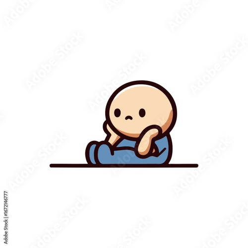 A cartoon character sitting pensively on the ground, with a simple background emphasizing solitude