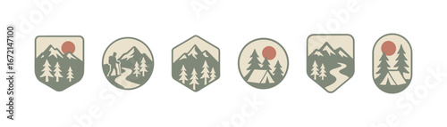 Vintage adventure badges with mountain and outdoor camping themes