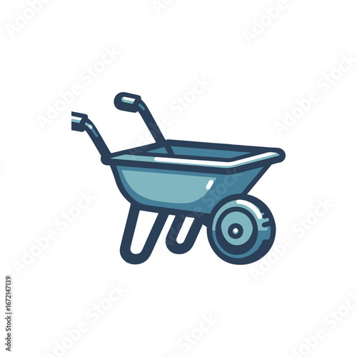 A detailed illustration of a blue wheelbarrow positioned against a white background, ideal for construction or gardening projects