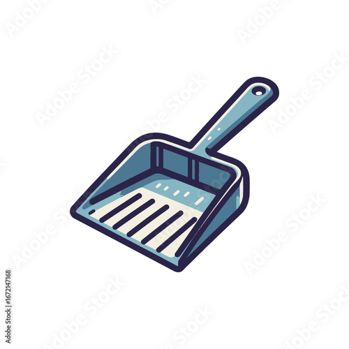 A detailed illustration of a blue scoop with a handle, set against a plain white background, ideal for cleaning