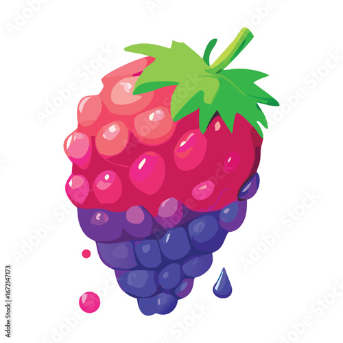 Stylized illustration of a raspberry and blackberry hybrid with dripping juice and leaves fruit