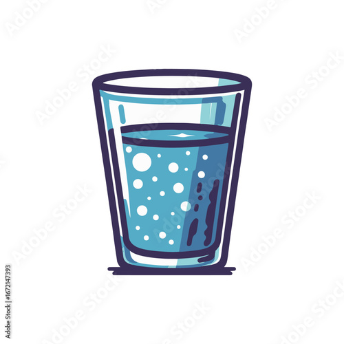 A clear glass filled with sparkling blue water, set against a simple white background