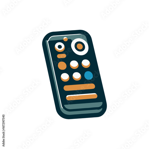 A close-up view of a modern remote control with colorful buttons on a neutral background