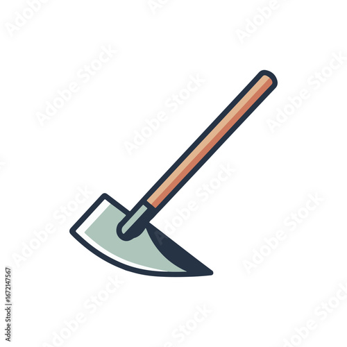 A close-up view of a traditional hand tool, showcasing its curved blade and wooden handle against a plain background
