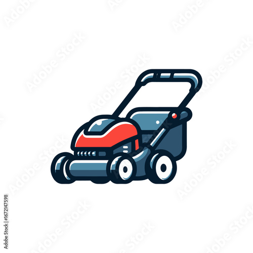 A modern lawn mower parked on a well-maintained lawn, surrounded by vibrant greenery and flowers