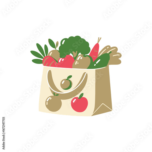 A colorful canvas bag overflowing with fresh vegetables and fruits on a white background
