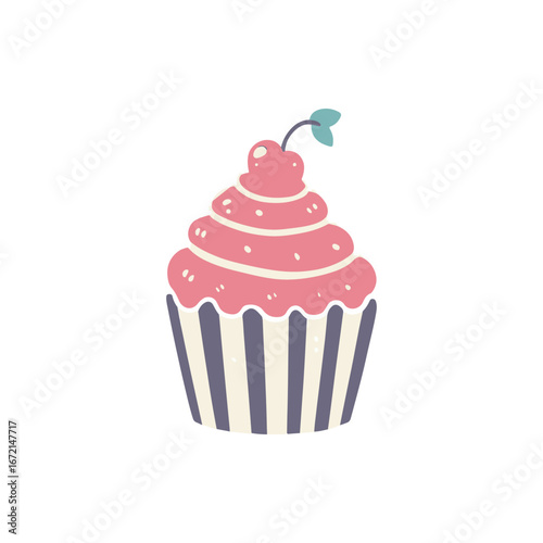 A colorful cupcake topped with pink frosting and a cherry, set against a plain background