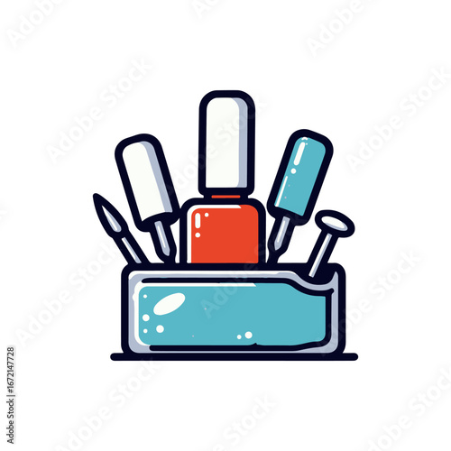 A colorful collection of nail polish bottles and tools arranged in a stylish organizer