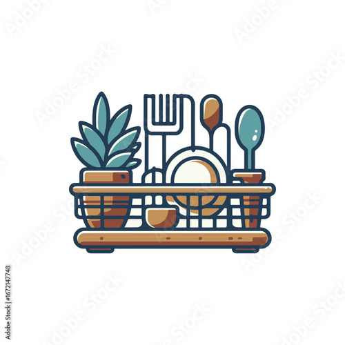 A colorful dish rack filled with clean dishes, utensils, and a potted plant, showcasing kitchen organization