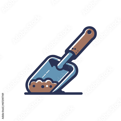 A colorful garden shovel scooping soil, set against a clean white background for gardening themes