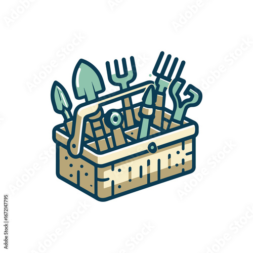 A colorful gardening tool basket filled with various tools against a clean white background