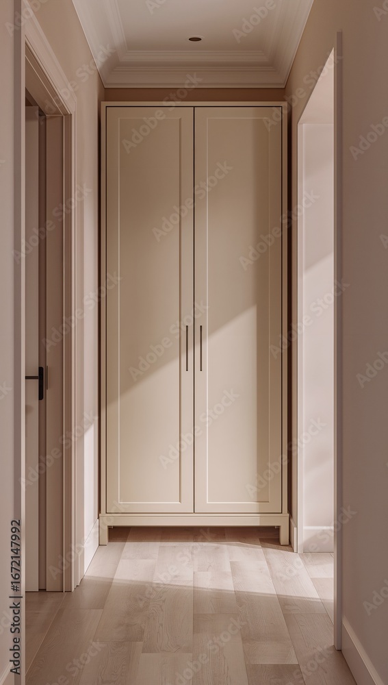 Fototapeta premium Minimalist pastel shoe cupboard glowing faintly painted softly in muted tones across tidy hallway