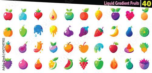 Vibrant Liquid Gradient Fruit Icons Set with 40 Unique Designs apple strawberry