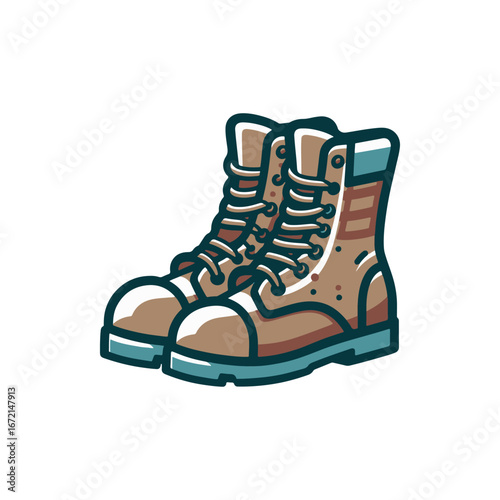 A pair of rugged hiking boots with detailed laces and sturdy soles on a white background
