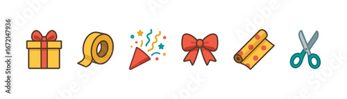 Colorful party preparation icons featuring gifts, ribbon, and scissors