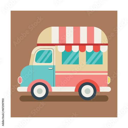 Teal and pink food truck with striped awning vehicle