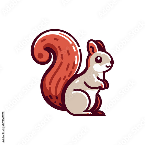 A playful squirrel stands upright, showcasing its bushy tail in a vibrant, cartoonish style