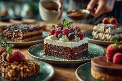 Delicious dessert display featuring chocolate cake, berries, and cream at a cozy cafe during the afternoon