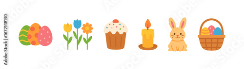 Easter icons: eggs, bunny, basket, flowers, cupcake, candle