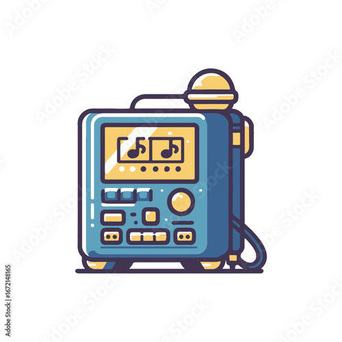 A colorful retro karaoke machine with microphone, set against a vibrant party background